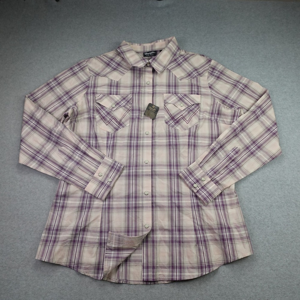 Wrangler Shirt Womens XL Purple Plaid Retro Western Snap Button Cowgirl